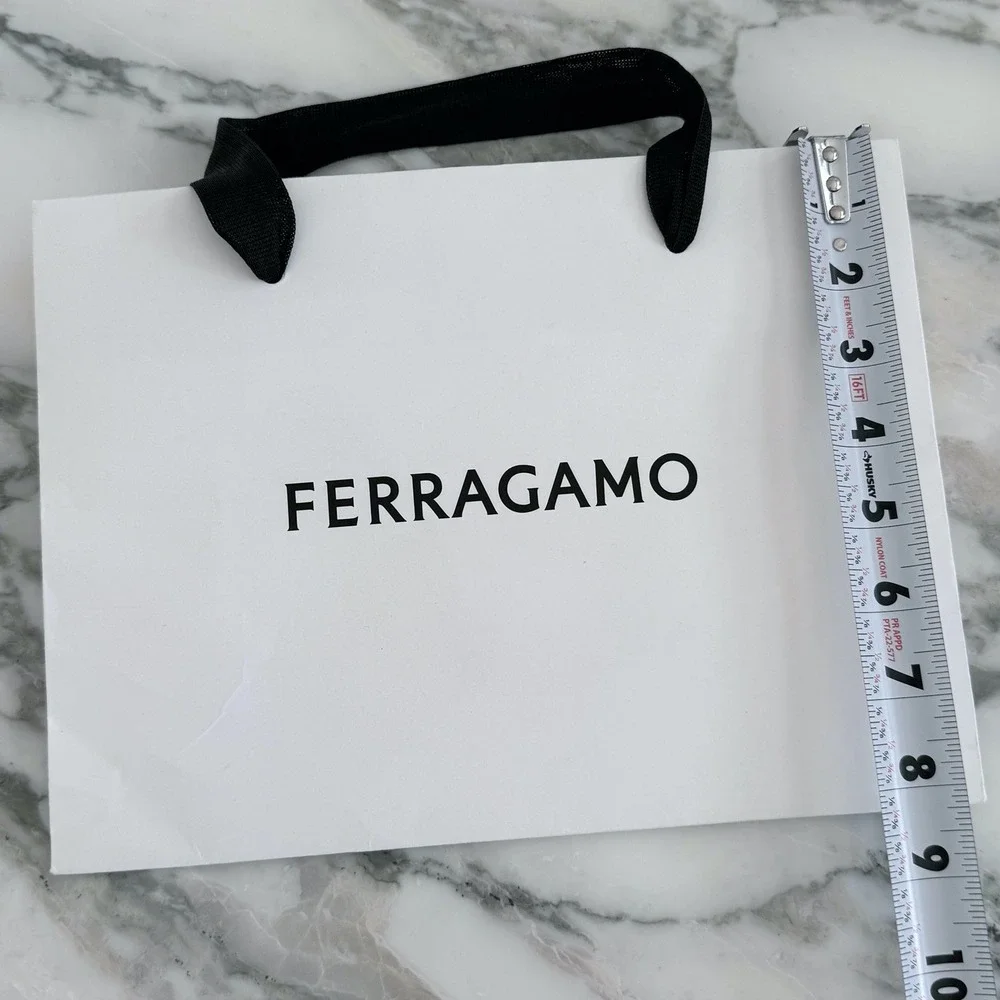 Ferragamo White Paper Shopping Bag Black Ribbon Handles Small Gift Bag